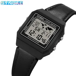 Men's Sports Watch Plastic Case Leather Strap 50M Waterproof Multi-function Alarm Clock Chronograph Watch SYNOKE Brand