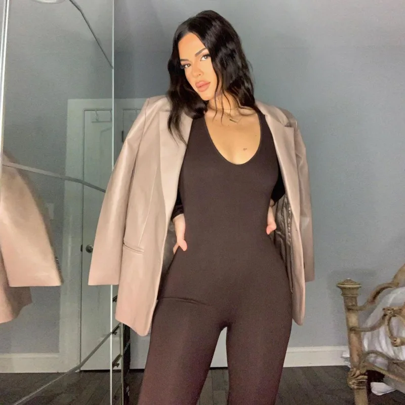 Monos ajustados de manga larga con cuello oblicuo para mujer, ropa de calle a la moda, color liso, otoño e invierno, 2023