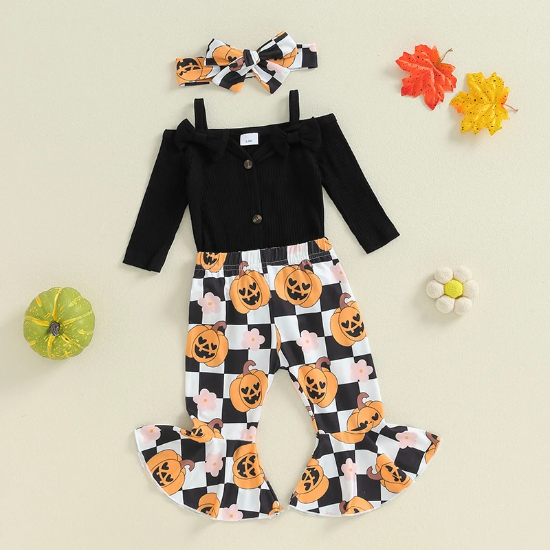 Newborn Girl Baby Halloween Outfit Pumpkin Ghost Print Romper Flare Pants Clothes Set with Headband 3Pcs