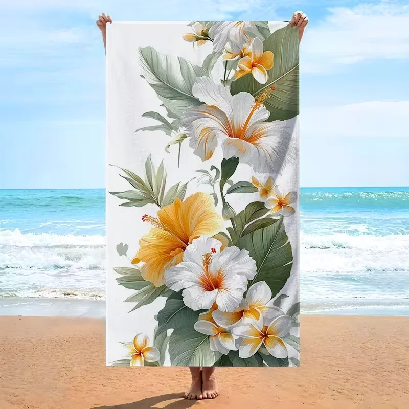Elegant White Yellow Hibiscus Plumeria Beach Towel Tropical Fresh Floral Towel for Beach Lounger Pool Travel Decor