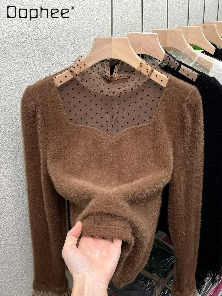 Autumn Mink Wool Pullovers Mesh Patchwork Square Collar Long Sleeve Slim Bottoming Shirt Polka Dot Fashion Tops All Match