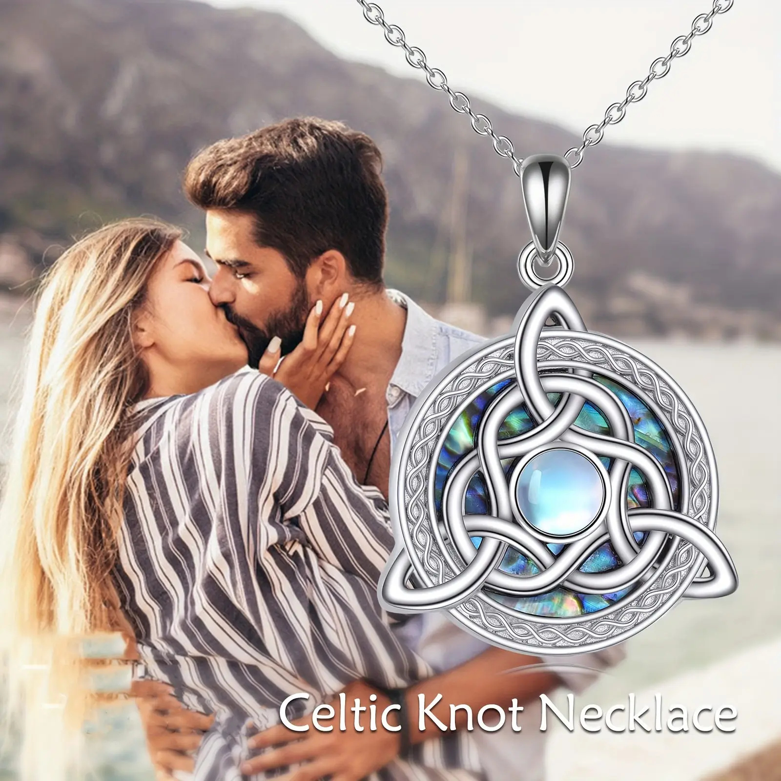 Collar único de piedra lunar con nudo celta Trinity, artesanía colorida de nácar, cadena de acero inoxidable, joyería, collar, regalos para mujer