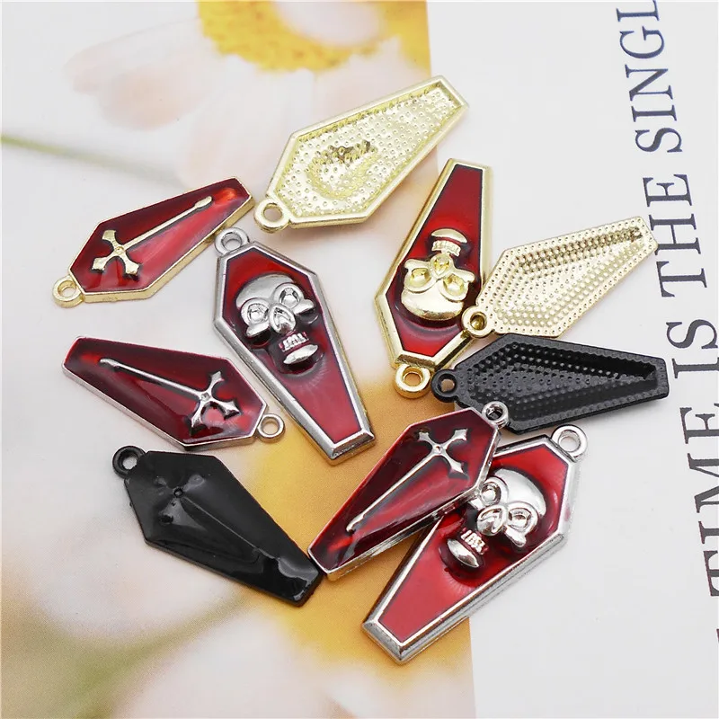 Julie Wang 5PCS Enamel Halloween Vampire Coffin Charms Mixed Cartoon Alloy Cross Skull Casket Pendants Jewelry Making Accessory