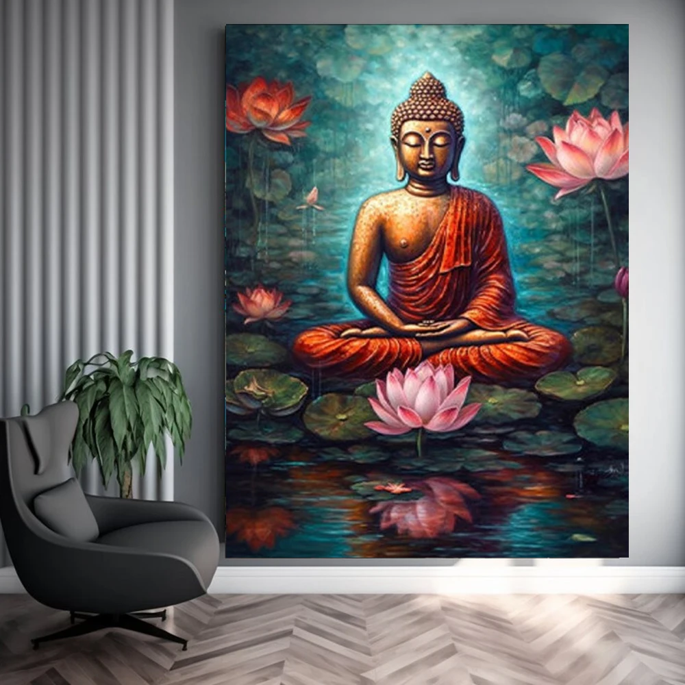 

Vintage Buddha And Lotus Poster Prints For Living Room Home Decor Religious Buddhist Buddha Statue Canvas Painting Wall Art