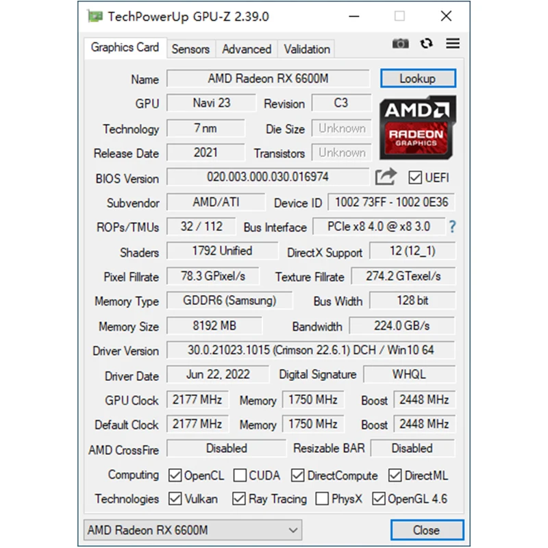 Najlepsza nowa karta graficzna AMD RX6600M 8GB Radeon RX 6600M GPU GDDR6 128-bit 14 Gbps 7nm Obsługa karty graficznej Desktop CPU Placa de