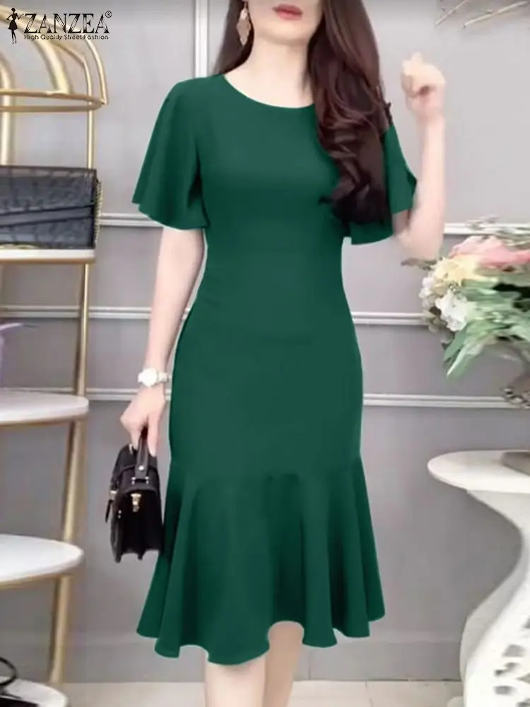 ZANZEA Woman Vintage Party Dress Summer Fashion Slim Sundress Female Elegant Solid Color Vestidos Short Sleeve O-Neck Dresses