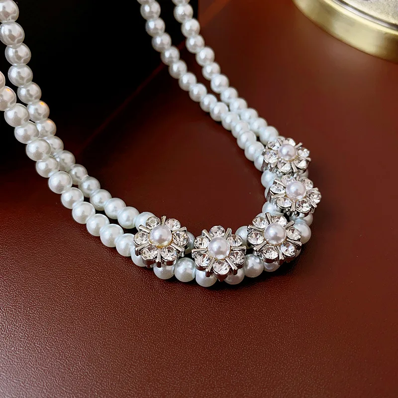 Pearl Flower Double Layered Rhinestone Pendant Necklaces for Women Charms Fashion Elegant Collarbone Chains Light Luxury Jewelry