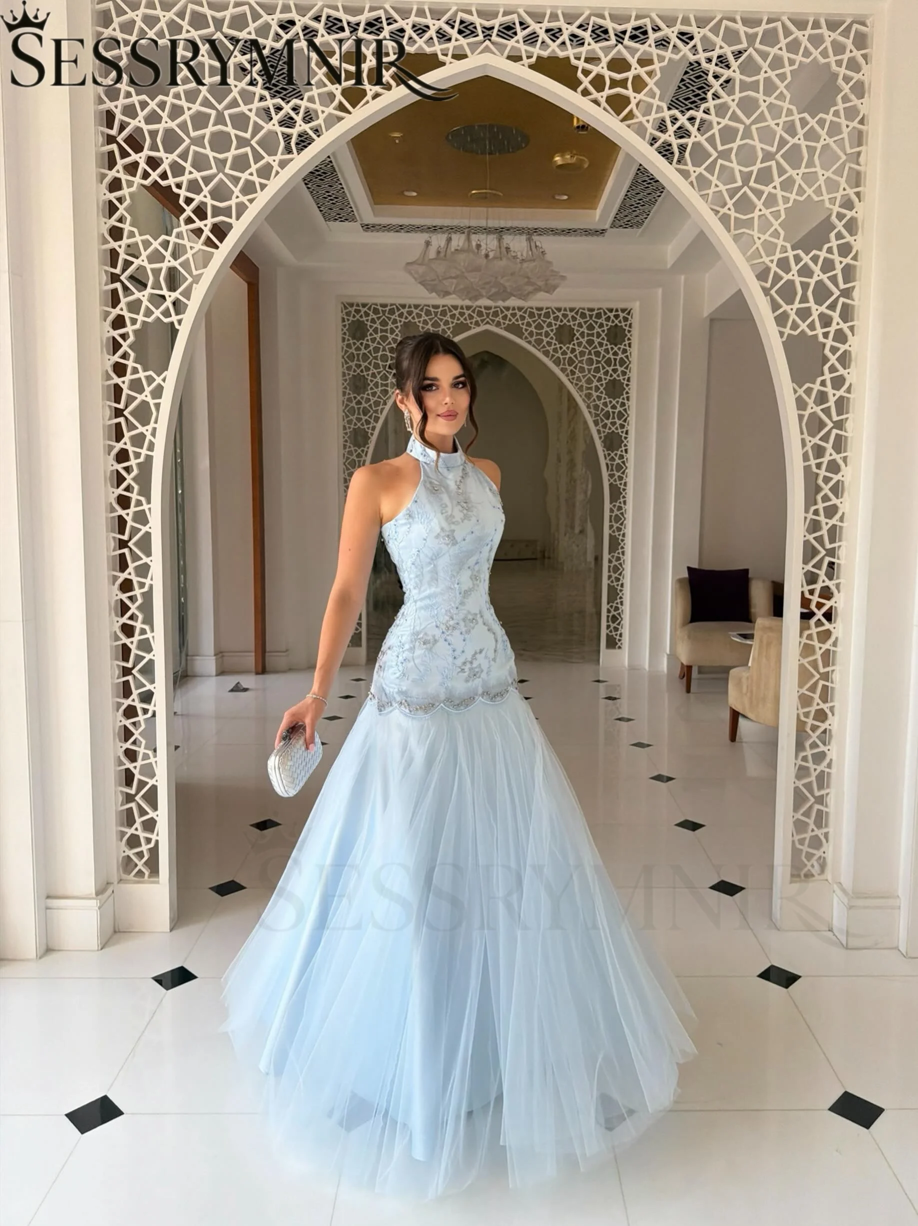 

SESSRYMNIR Women'S Wedding Party Attire Customize Halter A-Line Evening Dresses Sleeveless Ruffles Floor-Length Prom Dress