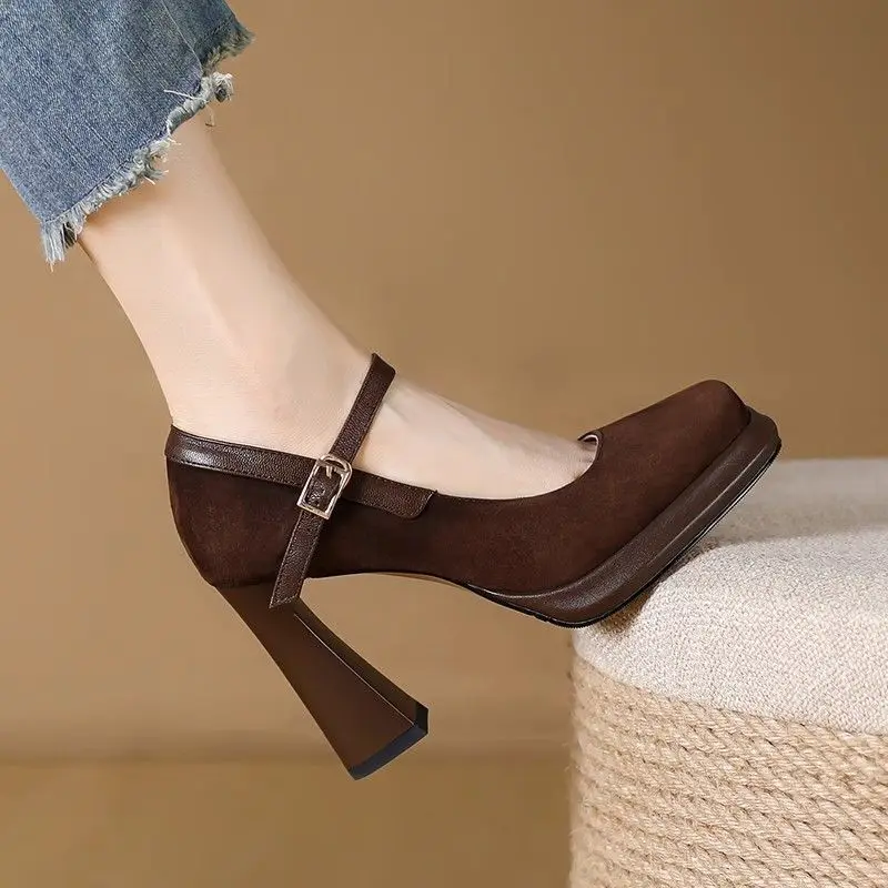 

Model Show Catwalk Retro Mary Jane Shoes Women Brown Square Toe Single Strap Chunky Heel Platform High Heels