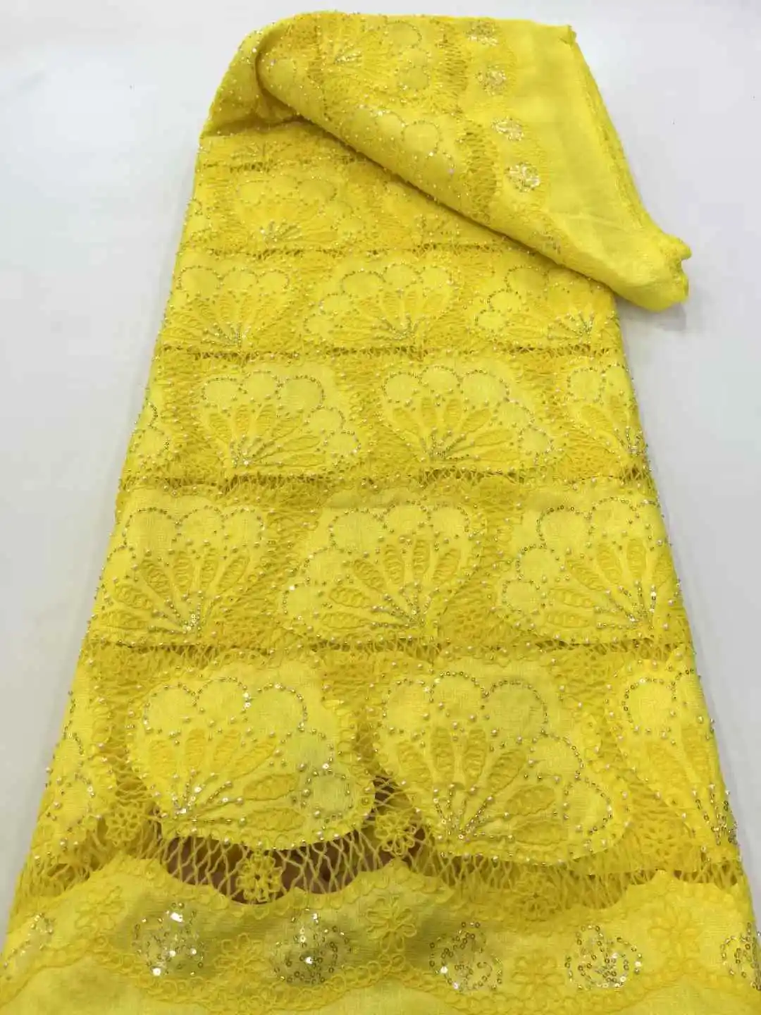 5 Yards Französischer Tüll-Netz-Pailletten-Stoffe, luxuriöser Perlen-Spitzenstoff, afrikanische Spitze für Hochzeitskleid