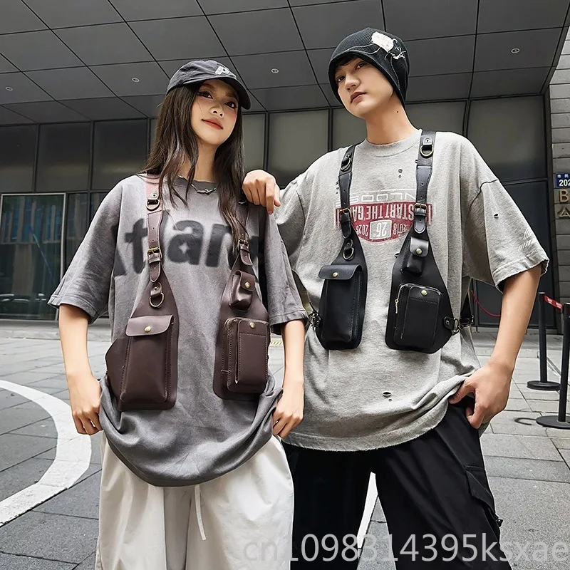 Men's Tactical Chest Bag with Vintage Canvas Multi-Compartment Design Underarm Sling Outdoor Motorcycle