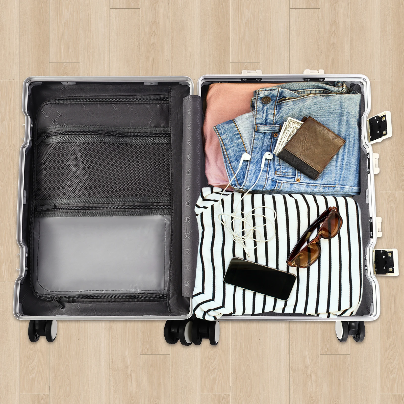 20" Boarding Suitcase with USB Port—3-Layer PC Durable TSA Lock+2 Password Locks, Fits 14-15" Laptop, Cup Holder&Hook for Travel