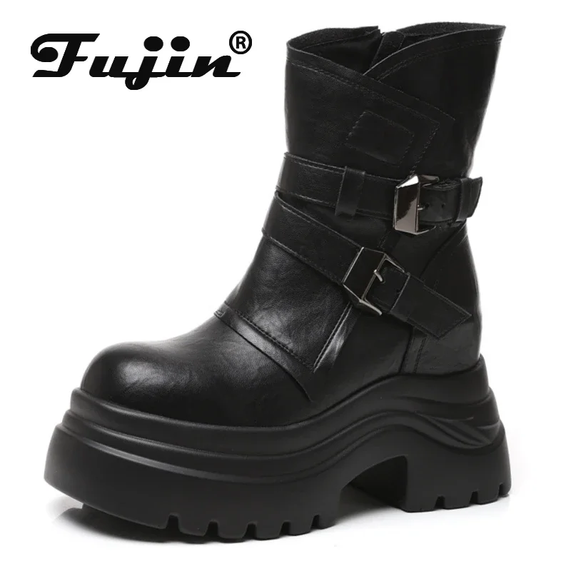 Fujin 9cm Microfiber Synthetic Platform Wedge Combat Women Ankle Boots Spring Ladies Shoes Leather Autumn Fashion ZIP Booties