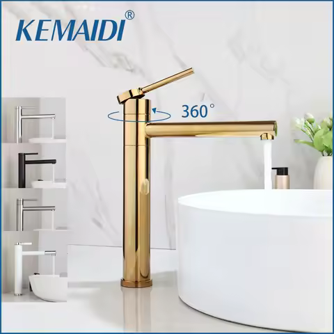 KEMAIDI Tall Bathroom Faucet Basin Sink Black and Golden Plated Tap Hot Cold Water Mixer Tap Deck Mounted Bathroom Faucets