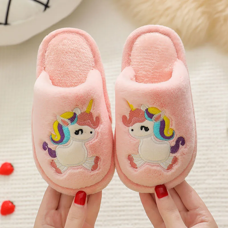 Children‘s Boys Girls Cartoon Unicorn Animals Prints Shoes Lighted Fashion Cute Shoes Bathroom Kids Toddler Winter Warm Slippers