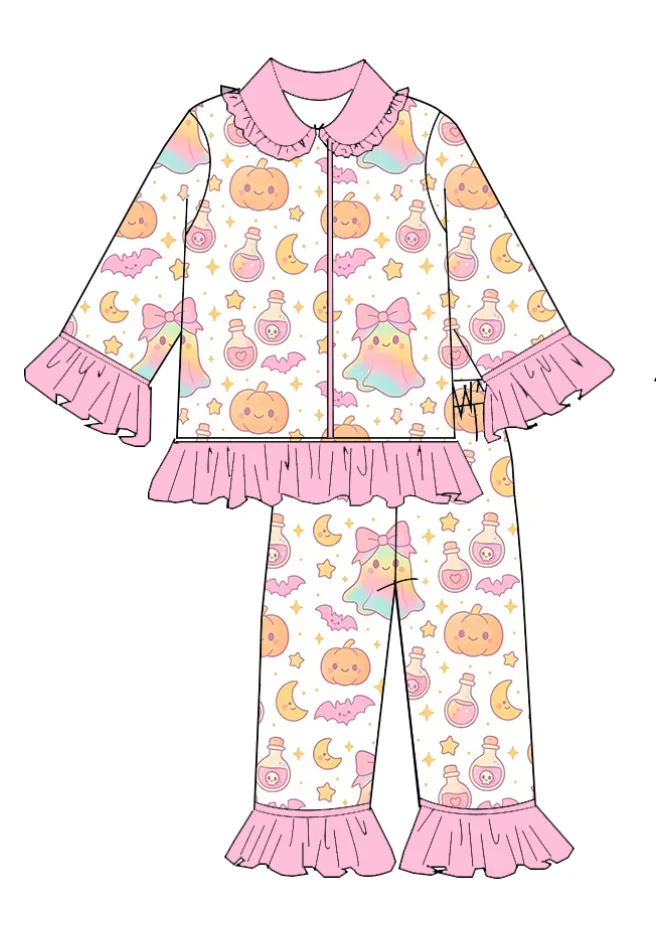 High Quality Halloween Pajama Set Long Sleeve Cute Pumpkin Ghost Print Girls Boys Set Children's Clothes image 3