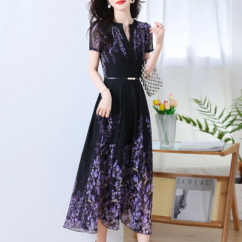 Bohemian Chiffon Beach Maxi Long Dress Women Summer Elegant V-Neck Belt Flower Print Purple Green Evening Party Dress 2023 New