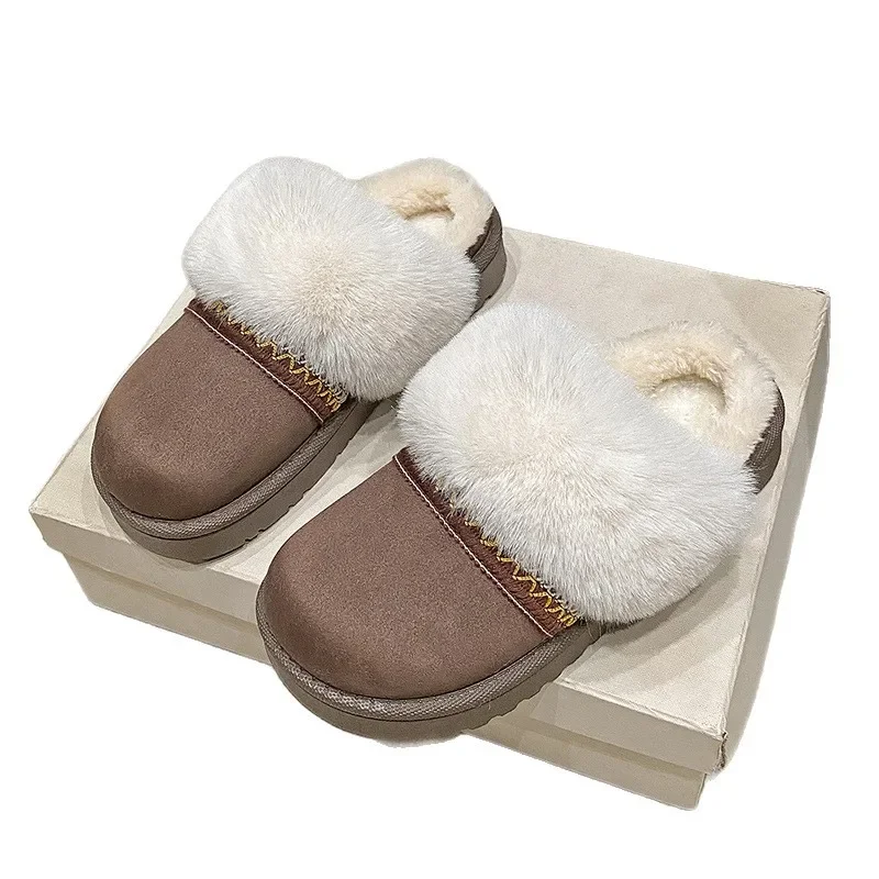 2025 الشتاء الجلد المدبوغ الراحة سميكة وحيد نعال مسطحة موضة جديدة مستديرة رئيس دافئ كبير الحجم النعال غير رسمية للنساء 36-41 #1