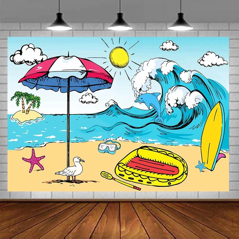 Cartoon Summer Beach Fondale fotografico Onda del mare Tavola da surf Sfondo Bambini Compleanno per bambini Baby Shower Decorazioni per feste