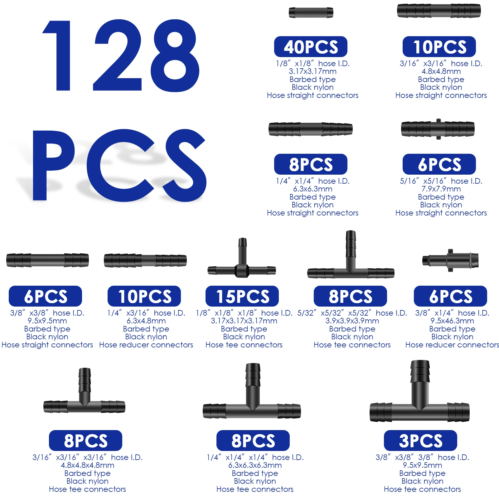 128pcs nylon vacuum connectors 12 different sizes 240°C heat-resistant vacuum hose fittings suitable for automotive maintenance