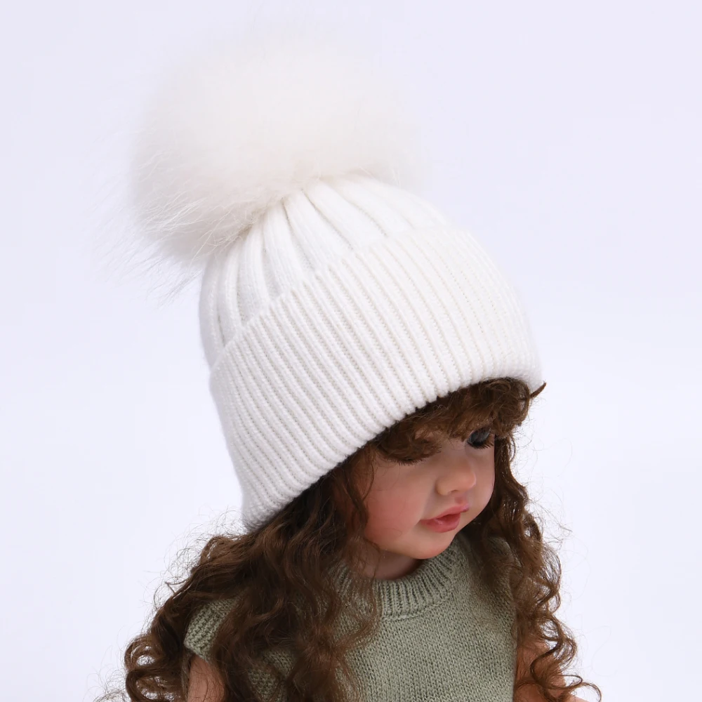 Jxwatcher Child Fur Pom Pom Hat Fashion High Quality Baby Warm Cashmere Knitted Beanie Cap Kids Real Raccoon Fur Ball Winter Hat