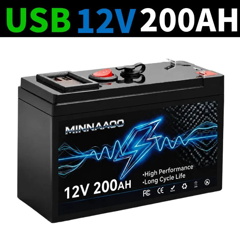 12V 200Ah LiFePO4 Solar Battery Deep Cycle Rechargeable Built-in BMS Lithium 200Ah for Power Wheels Scooters Fish Finder