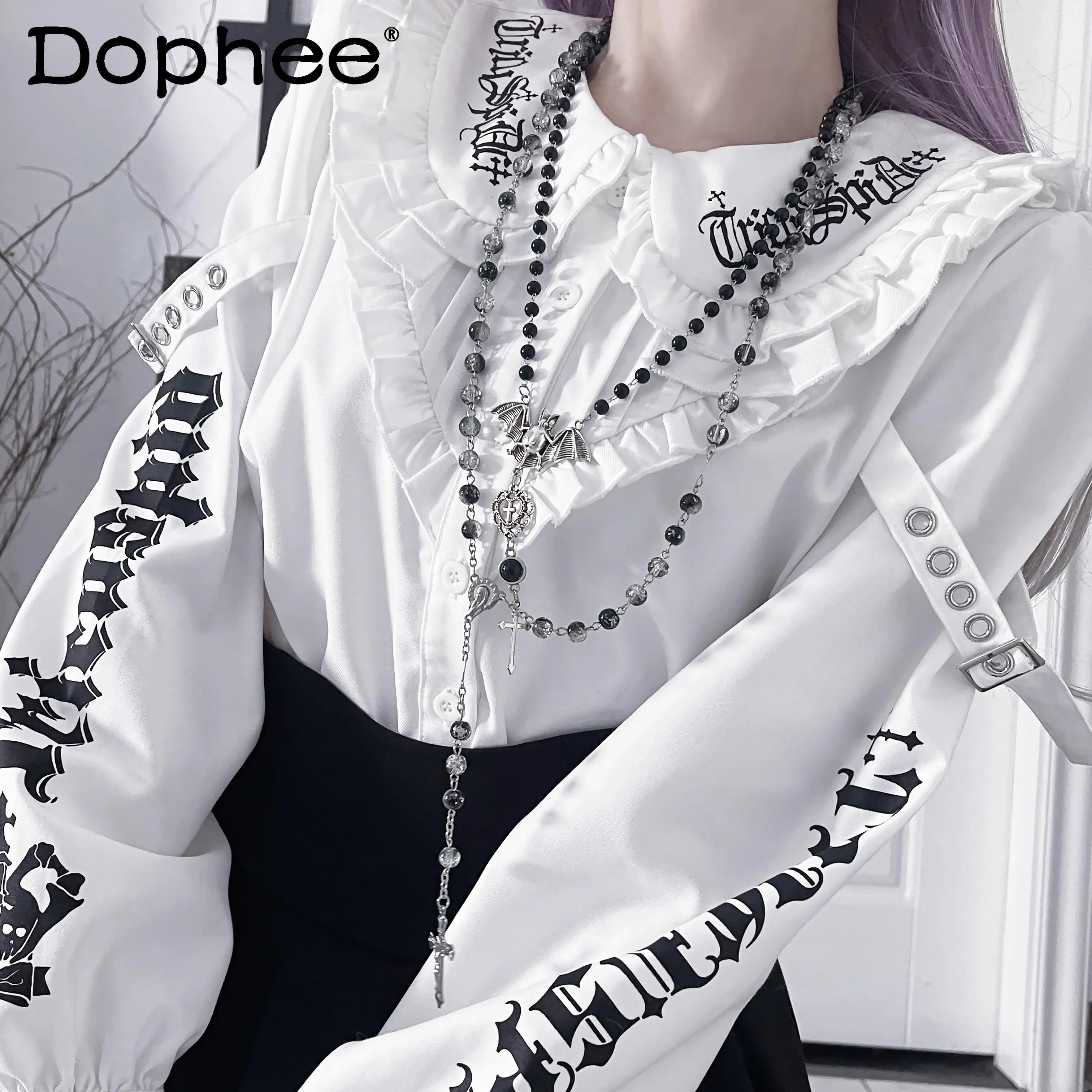 

Original Printed Subculture Dark Long-sleeved Shirt Spring Ruffled Doll Collar Single-breasted Japanese Lolita Black Shirt Women
