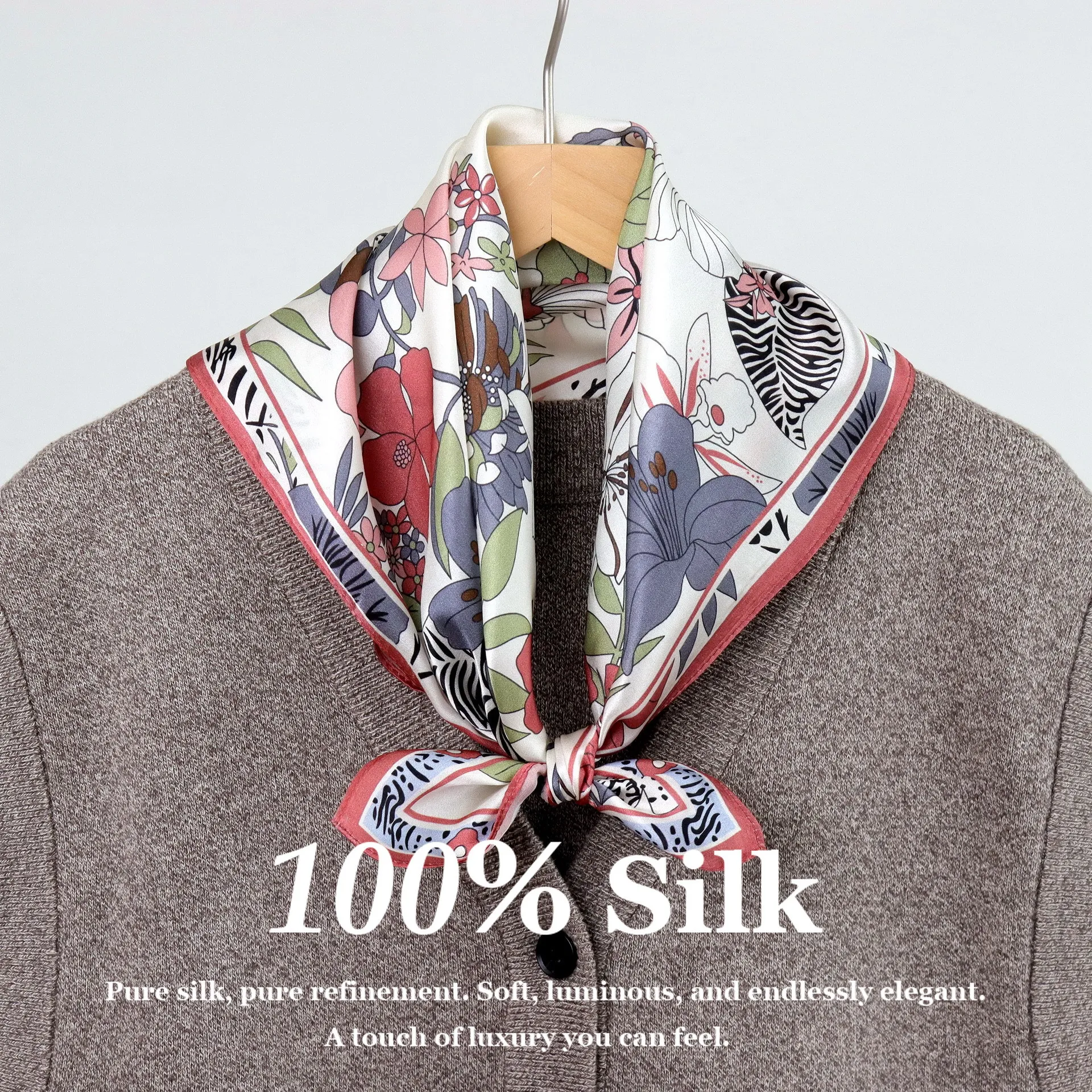 

100% Real Silk Square Scarf Breathable Natural Fiber Floral Print Shawl Wrap Women Small Neckerchief Headscarf Hijab Accessory