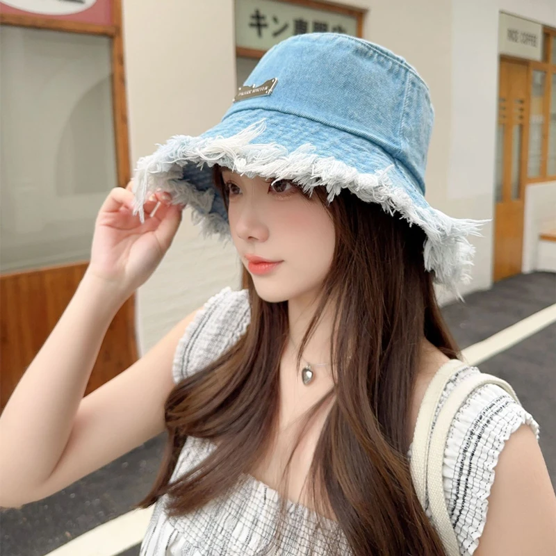 Fashion Rough Edge Ripped Denim Fisherman Hats Summer Women\'s Washed Old Bucket Hat Outdoor Ladies Big Eaves Sunshade Cap