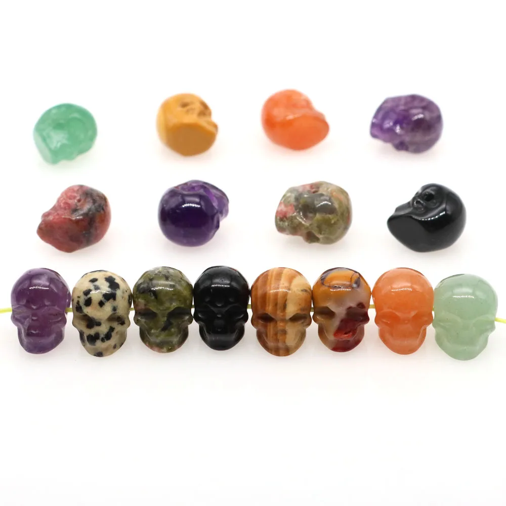 Natural Stones Carved Skull Pendant Healing Crystal Halloween Loose Spacer Bead Jewelry Making Bracelet Necklace DIY Accessories