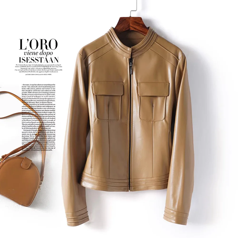 New Women Split Leather Coat Spring Autumn Fashion Stand Collar Long Sleeve Casual Jacket Simplicity Slim Leather Jacket Female