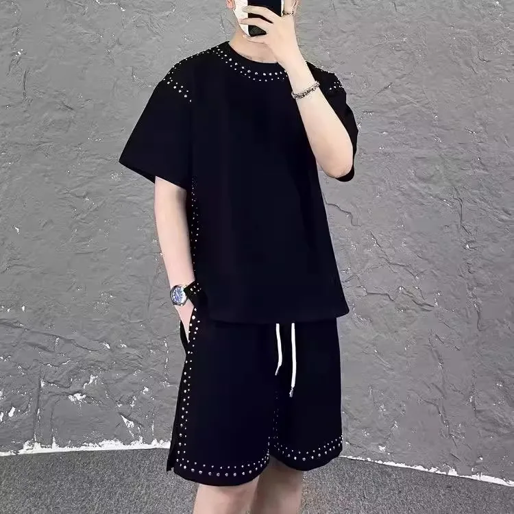 2025 Summer Heavy Industry Hot Diamond Rivet Short Sleeve Set Round Neck Loose T-shirt Shorts Casual Sportswear Two-piece Set