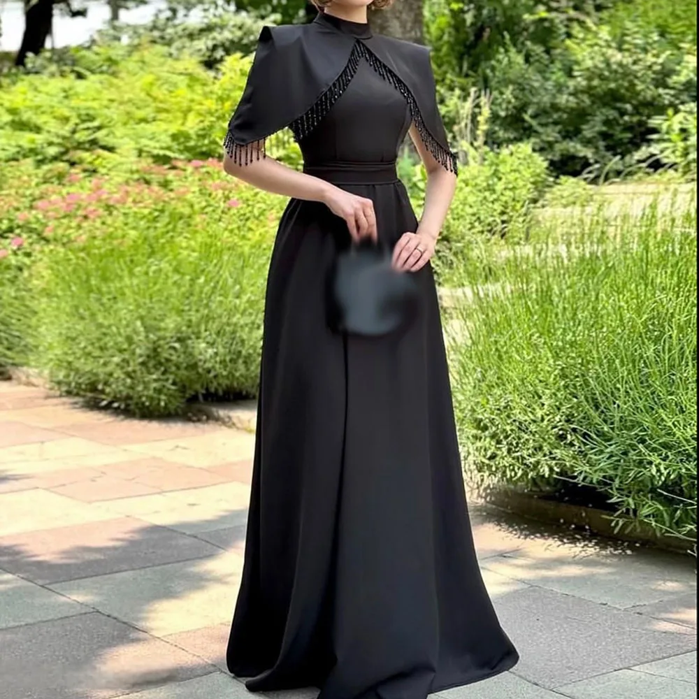 

Customized A-Line Prom Dresses Floor-Length Hihg-Neck Sleeveless Evening Gown Fashion Sashes Stole Simple Draped Party Gown