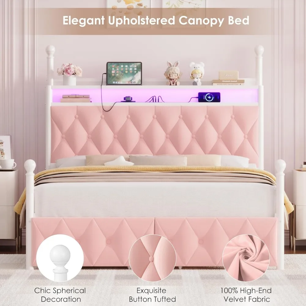 هيكل سرير بمظلة LED منجد بحجم كوين من HIFIT مع محطة تخزين وشحن، لوح رأسي للتخزين معنقدة بأزرار مع كتب
