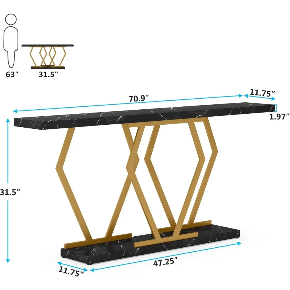 70.9 Inch Extra Long Sofa Table，Black and Gold Console Table with Faux Marble Tabletop, Modern Long Entryway Table