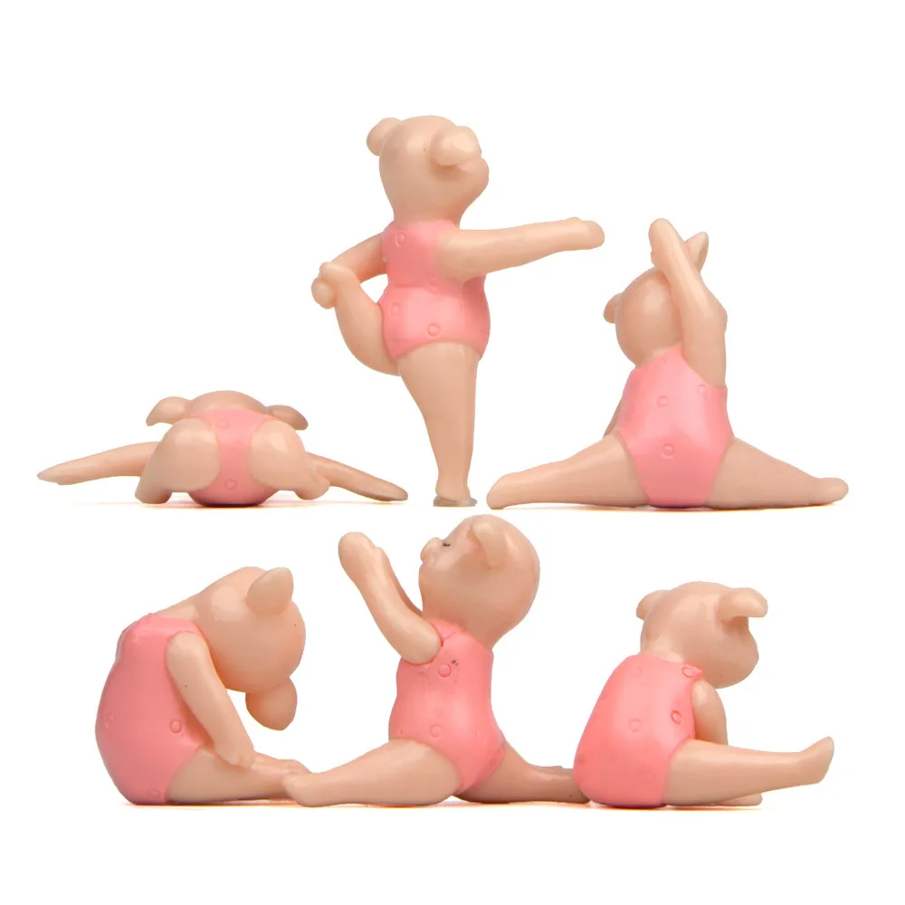 6/pcs Mini Cute Pig Girl Yoga Posture Statue Piglet Resin Sculpture Decoration Ornament Home Office Store Desk Gift Party Decor