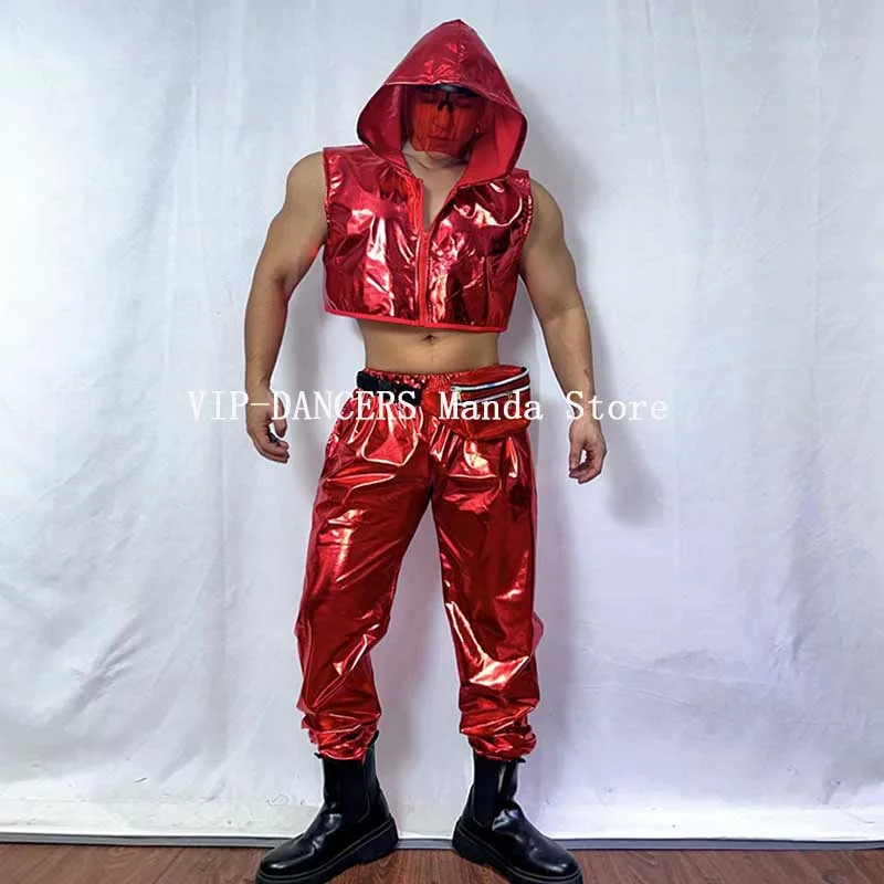 Kostium do tańca hip hop dla dorosłych, strój sceniczny dla mężczyzn, czerwona bluza z kapturem, luźne spodnie, strój jazzowy, męski strój do klubu nocnego, odzież dla tancerzy Gogo VDL1712