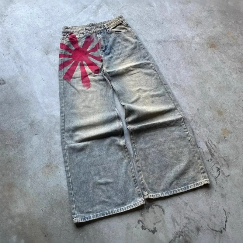 American Retro Washed Old Niche Design Sense High Street Vibe Wide Leg Mopping Printed Denim Trousers Men