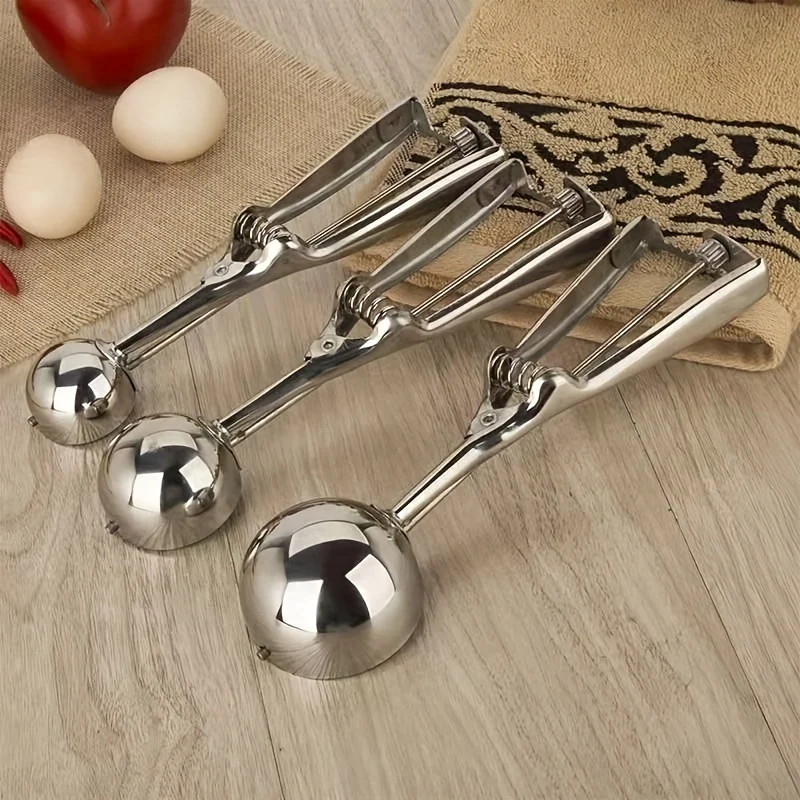 3pcs Ice Cream Scoop Stainless Steel Fruit Ice Cream Mold Scooper Siliver,  Spring Handle Home Kitchen Accessories Gadgets