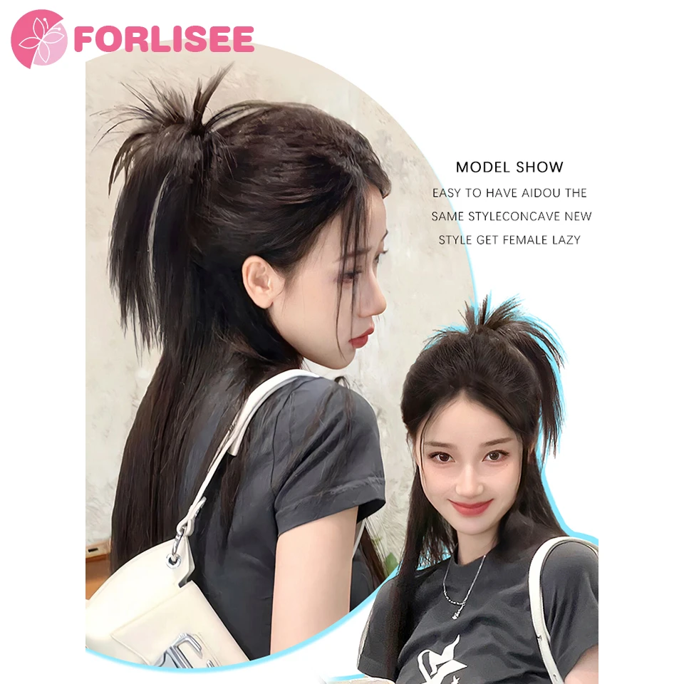 FORLISEE Synthetic Horsetail Wig Female Fluffy Lazy Wind Fountain Half Tied Horsetail Spicy Girl Shuttlecock Head Grab Clip