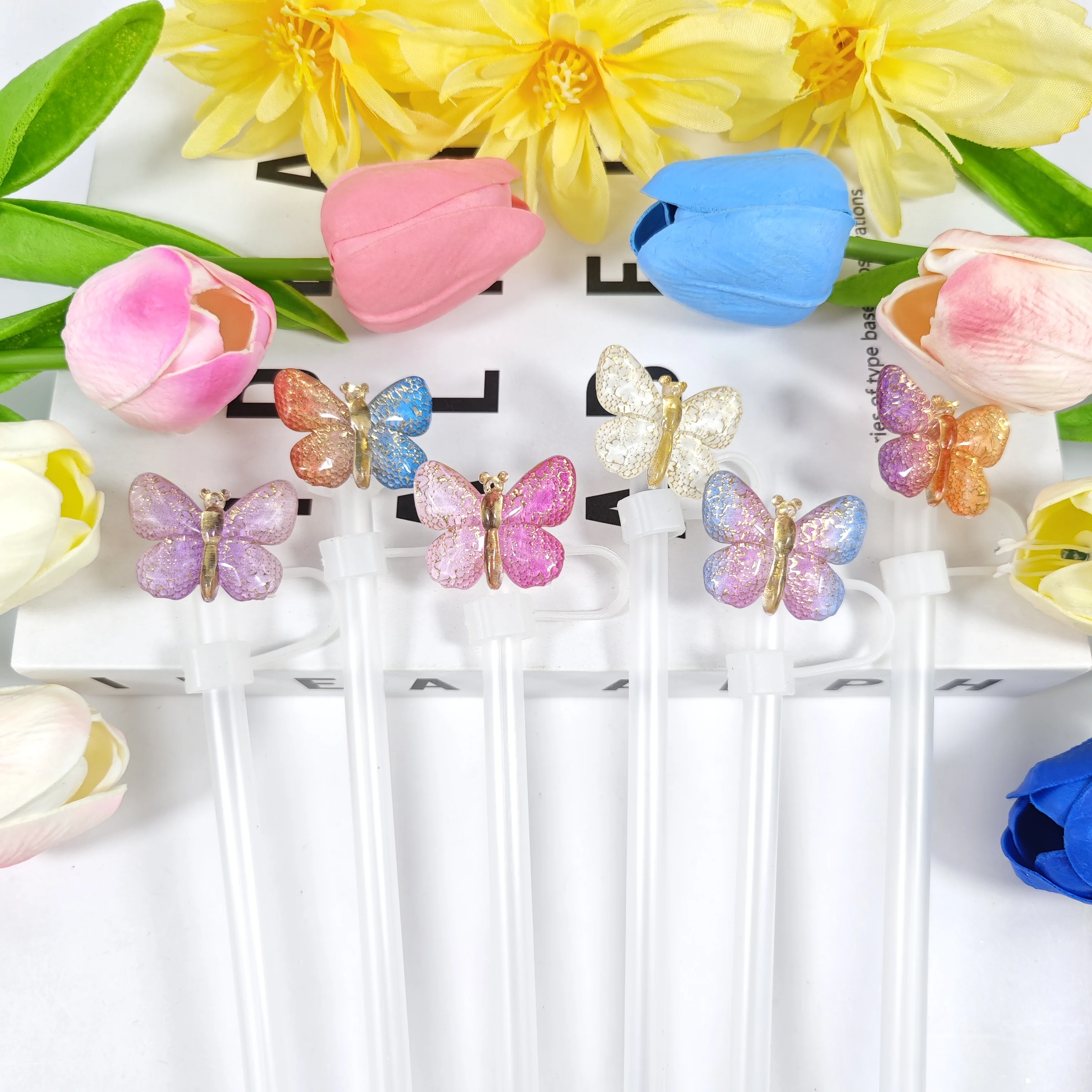 Creative Gradient Butterfly Series Cartoon Straw Cap, Soft Rubber Detachable Straw Dust Cap, Straw Cover