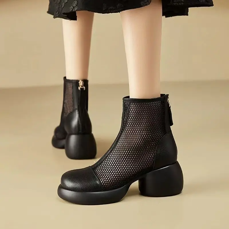 

Women's Summer New Block Heel High Top Mesh Boots Thick Sole Non Slip Round Toe Lightweight Breathable Zippers Ankle Cool Boots