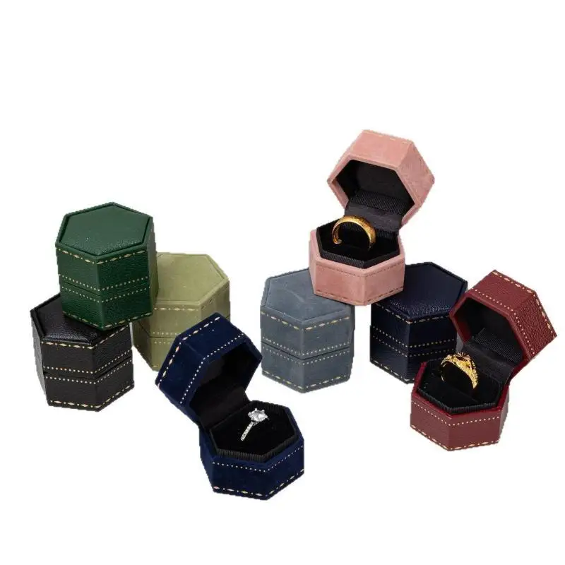 Sechseckige Ringbox aus Samt mit Klappdeckel, Schmuckaufbewahrungsbox, Geschenkbox, Organizer für Verlobung, Hochzeit, Zeremonie, Dekoration – Detail 5