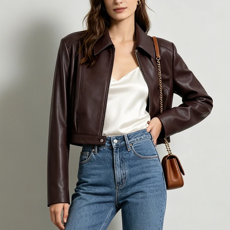 Genuine Leather Women's Lapel Zipper Cropped Moto Jacket Fashion Black/Wine Red Female First Layer Sheepskin Biker Jacket Coat