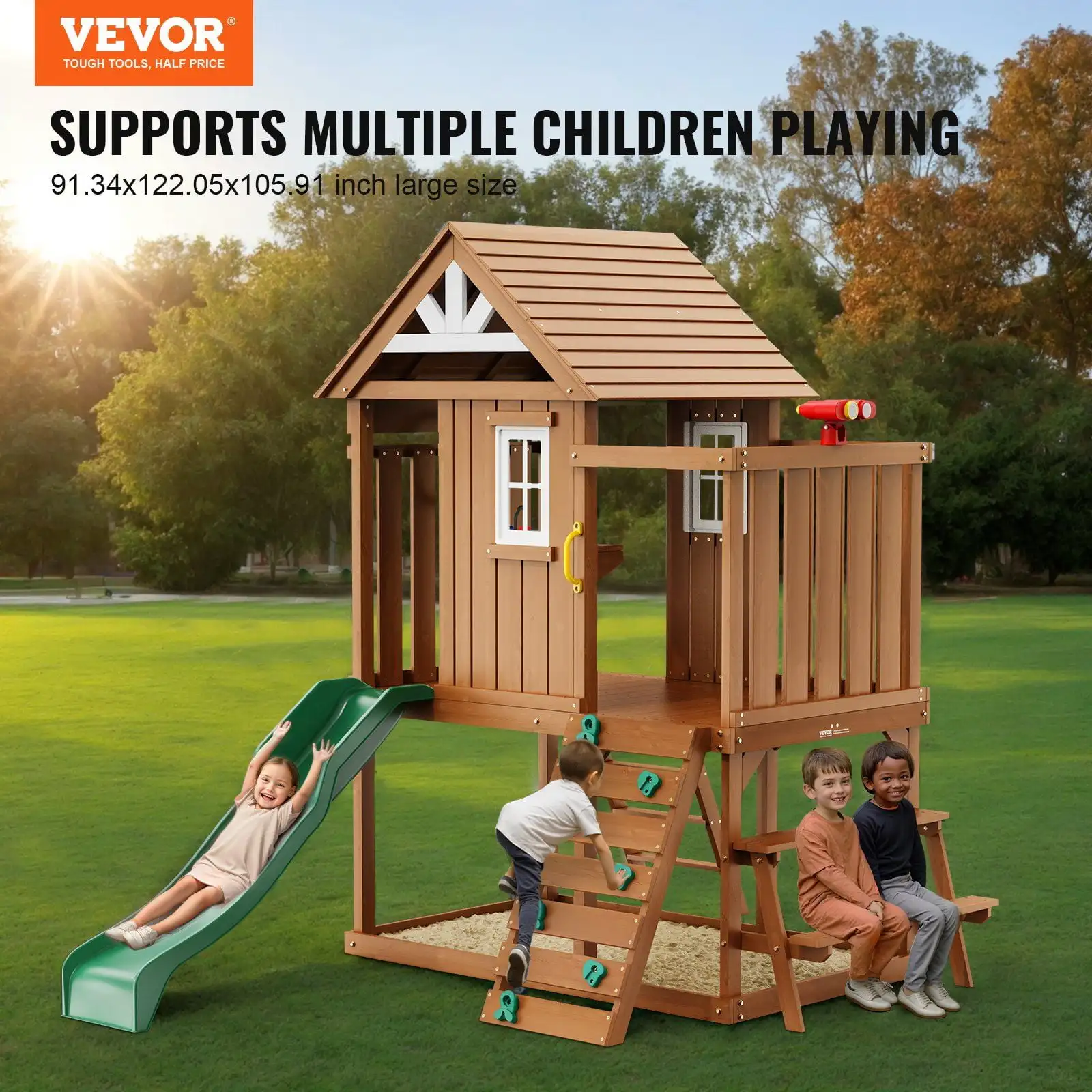 Outdoor Wooden Playhouse Kids Garden Game Cottage with Slide Ladder Window