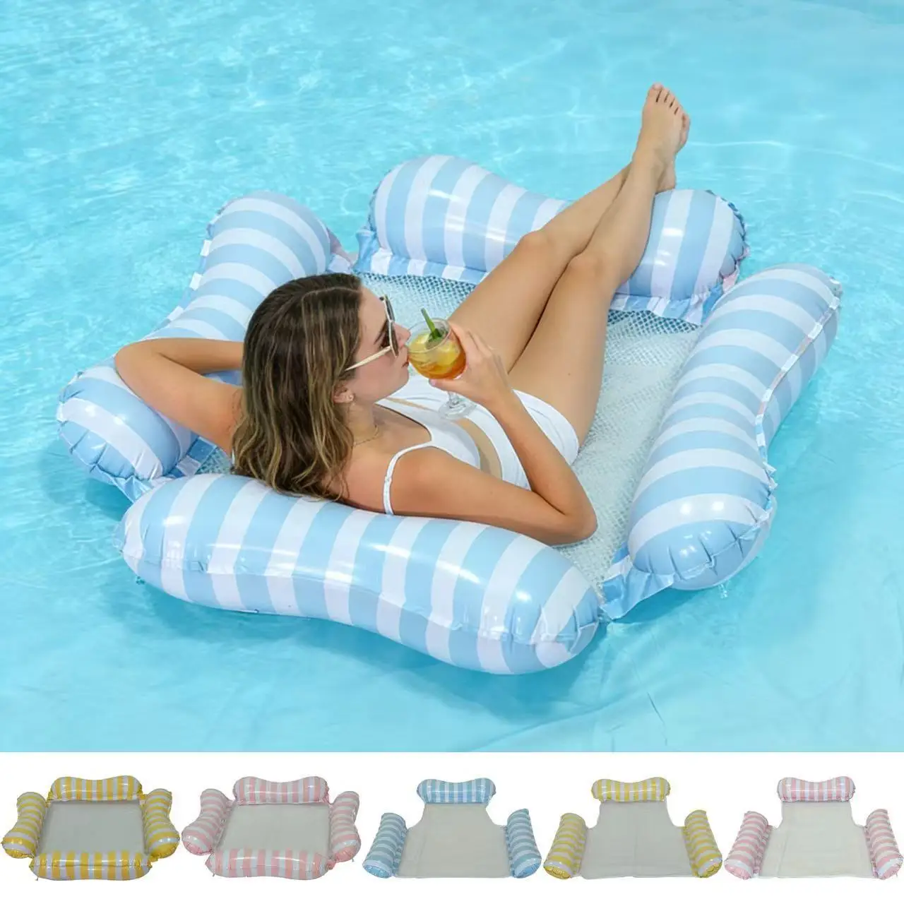 New Macaron Stripe Inflatable Float Four Tubes Foldable Backrest Floating Bed Adult Water Hammock cadeiras надувной дом