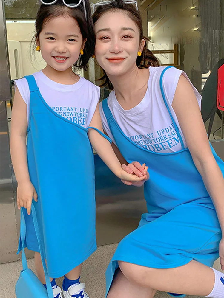 

Parent-child Wear Summer New Mother and Daughter Blue Vest Two-piece Girls Casual Suit mom and baby girl matching clothes