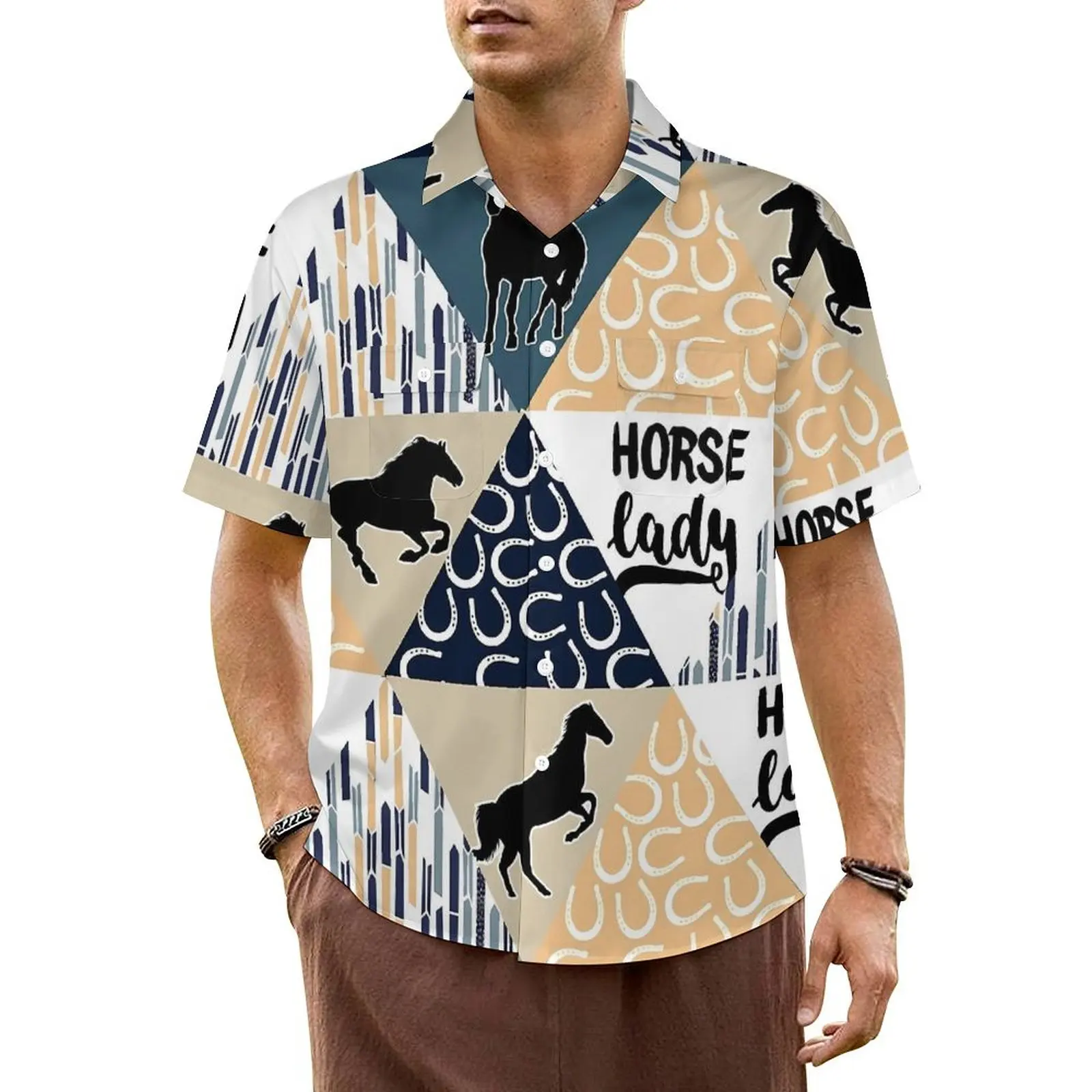 

Horse Triangle Vacation Shirt Male Animal Print Retro Y2K Casual Shirts Summer Short Sleeve Streetwear Graphic Oversized Blouses