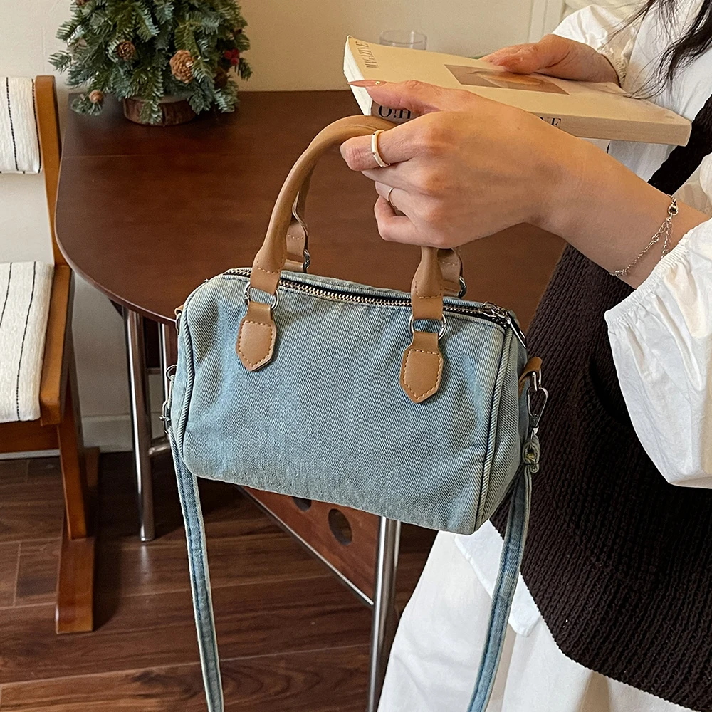 

Boston Bag, Denim Mini Handbag, Vintage Crossbody Shoulder Purse with Detachable Strap, for Daily Use, Outing Women
