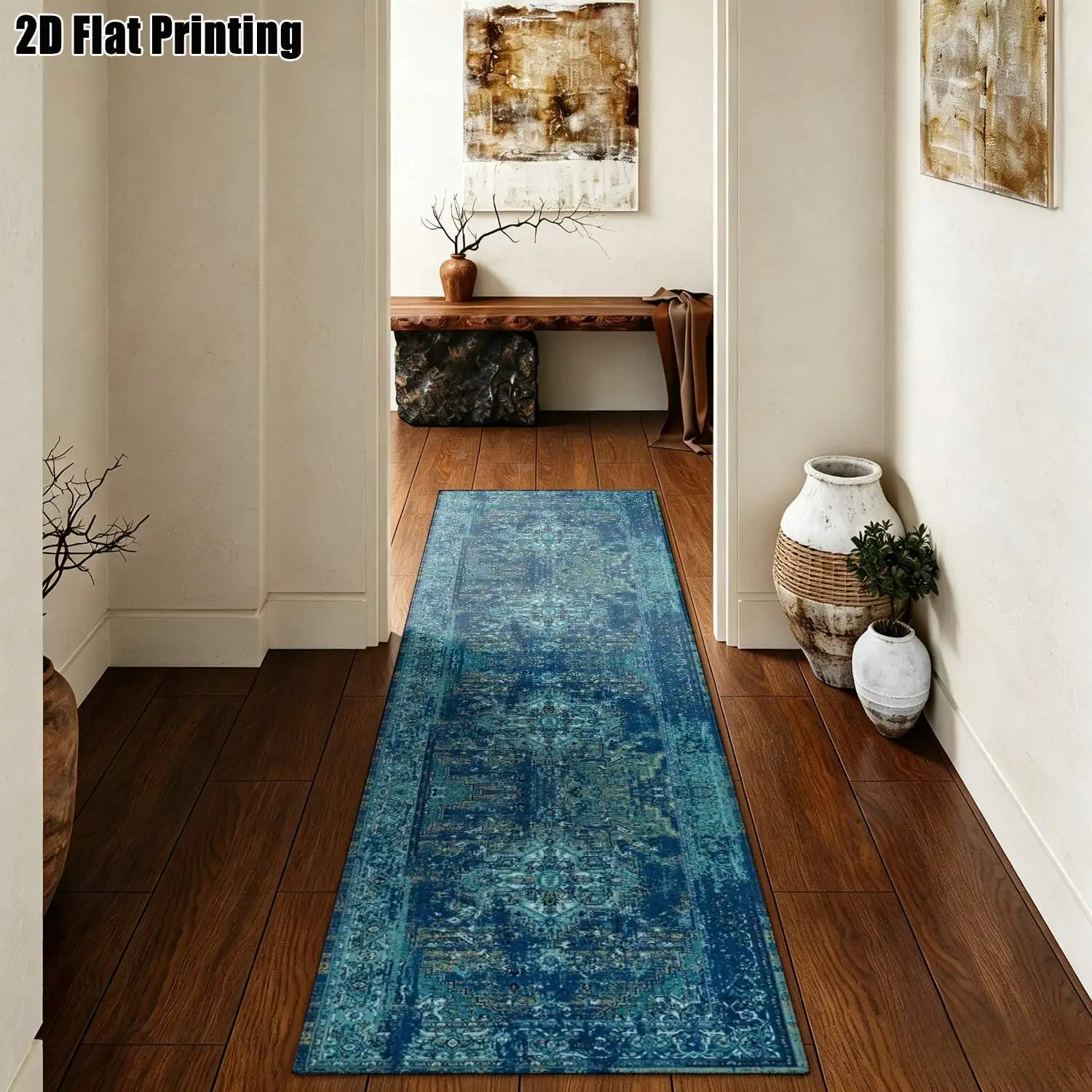 1Pc 2D Printed Long Strip Rug: Blue-Green Retro Floral, European-Style, Bohemian, Geometric Striped Floral Designs, Machine Washable, Multi-Size Home Decor for Entryway, Hallway, Living Room, Bedroom